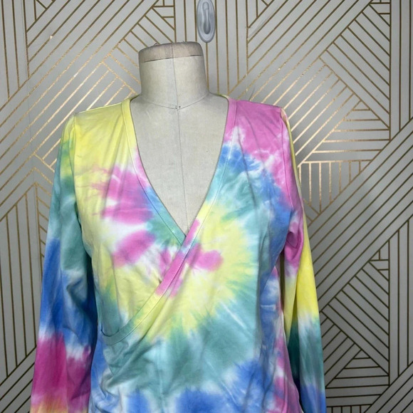 CHASER Long Sleeve Ballet Wrap Top In Tie Dye Pink Yellow Size Large - Picture 6 of 12